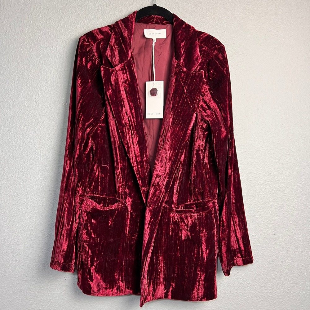 NWT Dear John Crushed Velvet Blazer Red Grunge Rock Retro Open Front Jacket Sz M